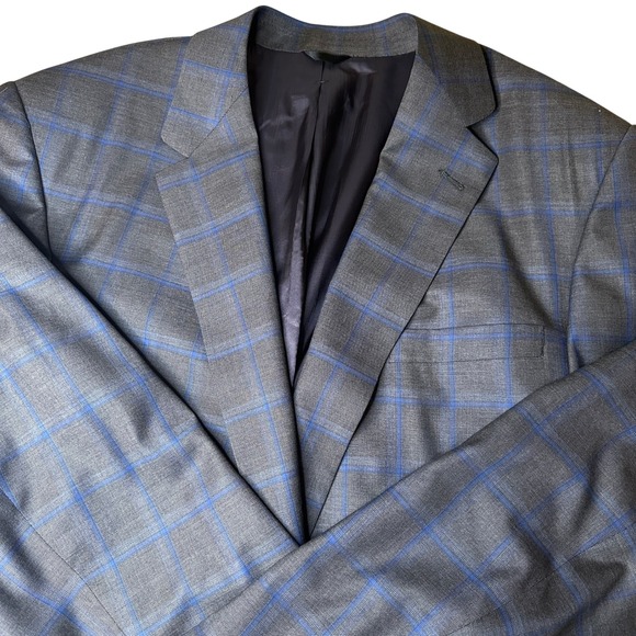 Mr Ned Custom Plaid Blazer Sport Coat Two Button Gray Blue Windowpane Wool 42-44